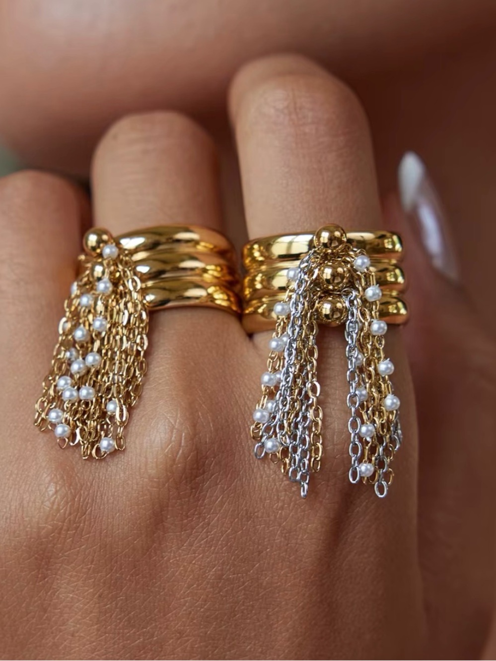 Gold Pearl Tassel Stack Ring with Chain Drapes